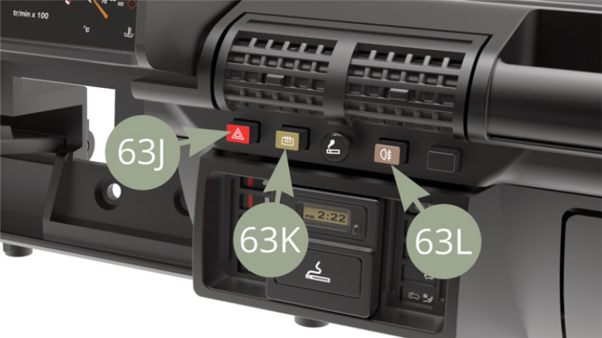 Pulse los botones 63J (Luces de emergencia), 63K (Calentador de pantalla trasera) y 63L (Luz antiniebla trasera) para sentir el ligero clic de los interruptores.