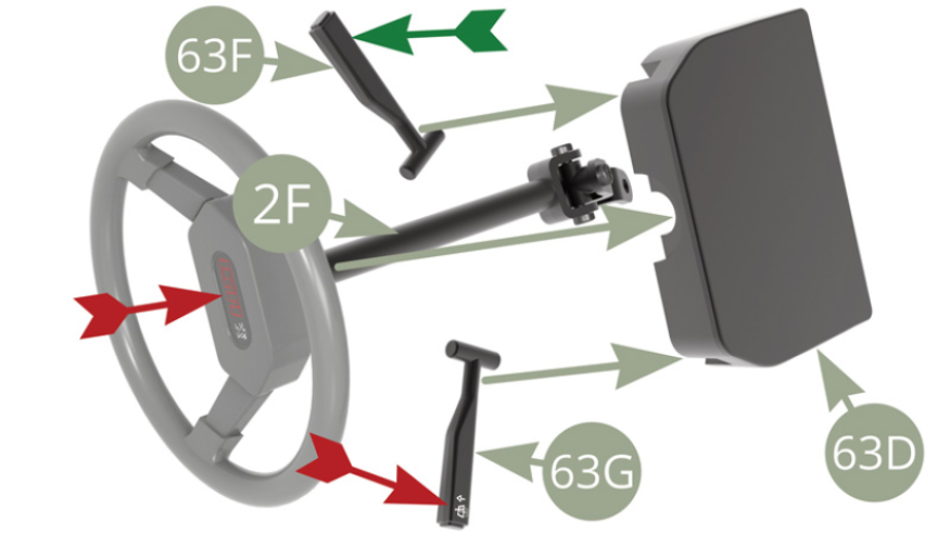 Positionner les commandes de clignotants et d’éclairage 63F et d’essuie-glace 63G ainsi que la colonne de direction 2F dans leurs logements respectifs du boîtier supérieur de comodo 63D.Vérifier qu’ils sont correctement positionnés (flèches rouges vers le haut, flèche verte vers le bas). 