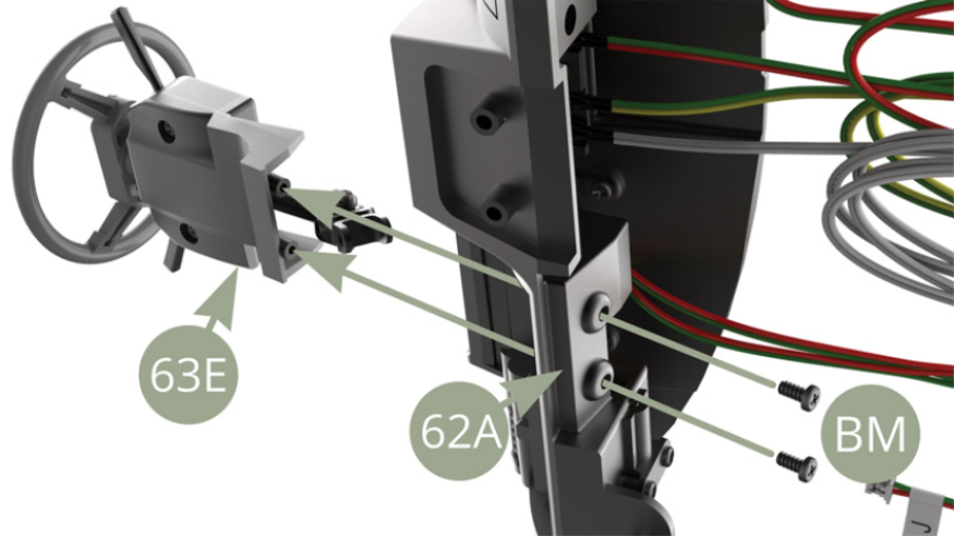 Fit 63E Steering column lower housing to 62A Facia panel and fix with two BM screws ( upper and lower illustrations ).