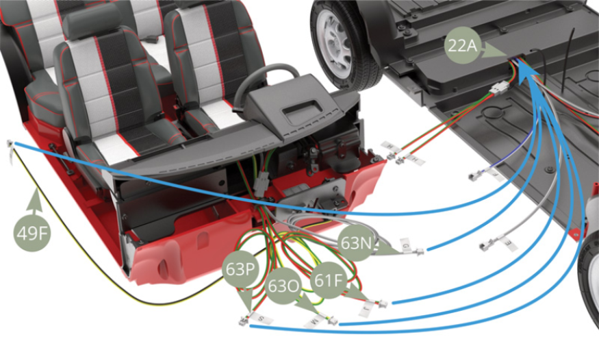 Lead one by one , through square opening in 22A Chassis panel the following wires : 63N G Cable ( white-gray ), 63O M Cable ( green- yellow ) , 63P S Cable ( red-green ) , 61F J Cable ( red-green ) and 49F B Cable ( yellow - black ).