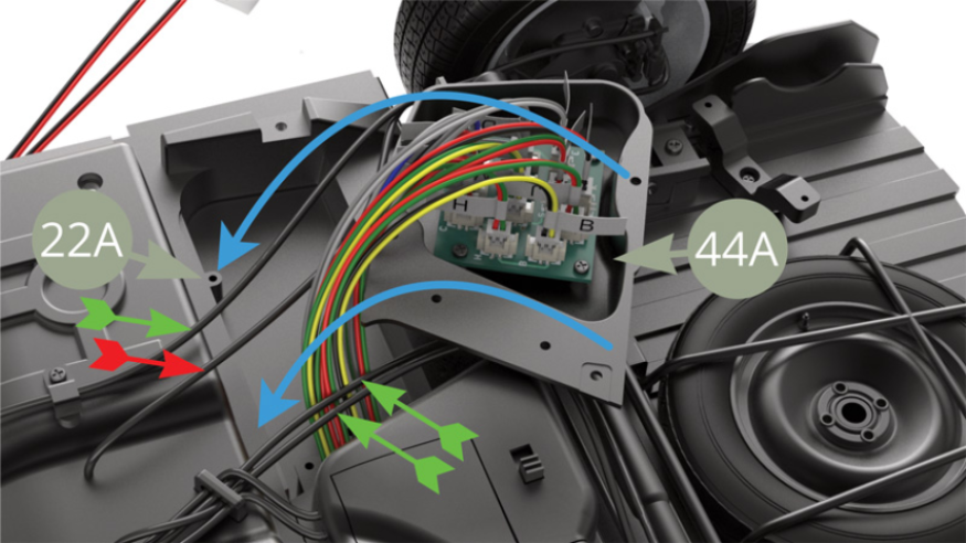 Fit 44A Left side fuel tank to 22A Chassis panel , by turning it over ( blue arrows ) and slipping under hoses pointed by green and red arrows.