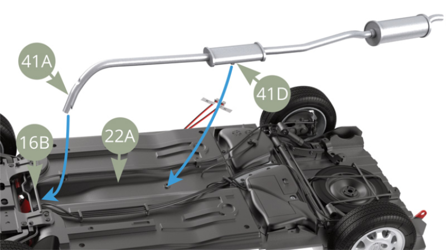 Prior to installing the Exhaust duct , take note of first two attachment points : 41A Front pipe goes under 16B Subframe bar ( further explained on next two illustrations ) and 41D Catalytic converter top peg fits into 22A Chassis panel nest.