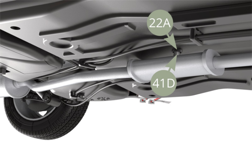 Fit 41D Catalytic converter top peg into 22A Chassis panel nest and fix from above with IP screw ( bottom illustrations).