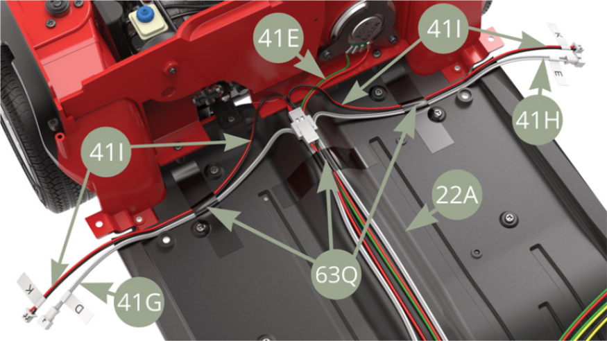 Distribuya 41G (cable D / gris-blanco), 41H (cable E / gris-blanco), 41E (cable de altavoz C / rojo-verde) y 41I (cable K / rojo-negro) como se indica y fíjelo a 22A (placa del chasis) con tres cintas adhesivas 63Q.