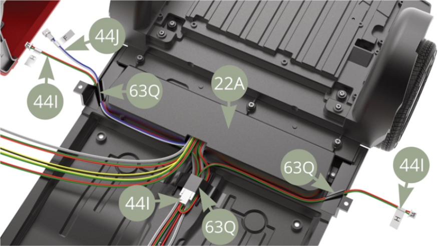 Führen Sie 44I (H-Kabel / rot-grün) an beide Seiten von 22A (Chassisplatte), führen Sie 44J (F-Kabel / blau-weiß) an die rechte Seite und sichern Sie die Enden mit zwei 63Q-Klebebändern.