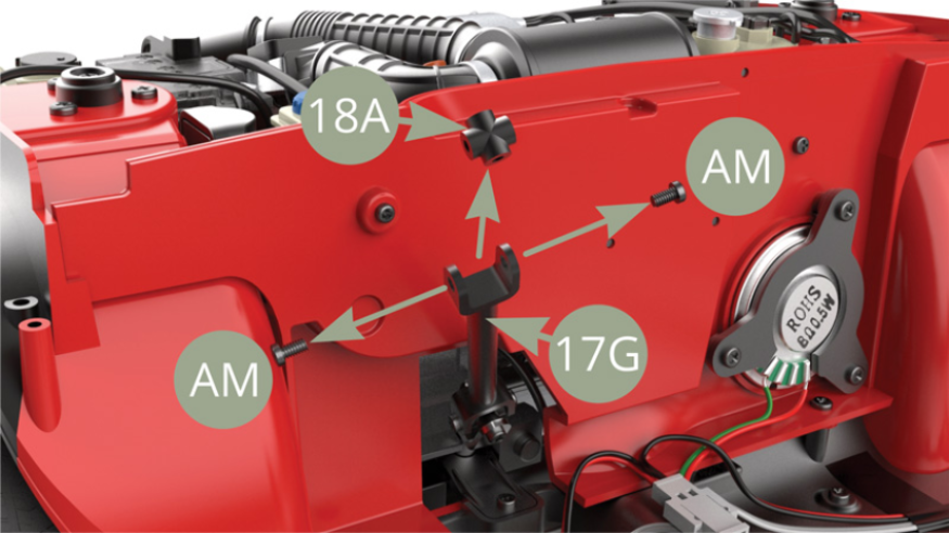 Undo two AM screws and remove 18A Joint link from 17G Shaft fork ( above illustration ) to fit it to 18B Shaft fork and fix with two AM screws ( illustration below ) . This arrangement will facilitate further assembly.