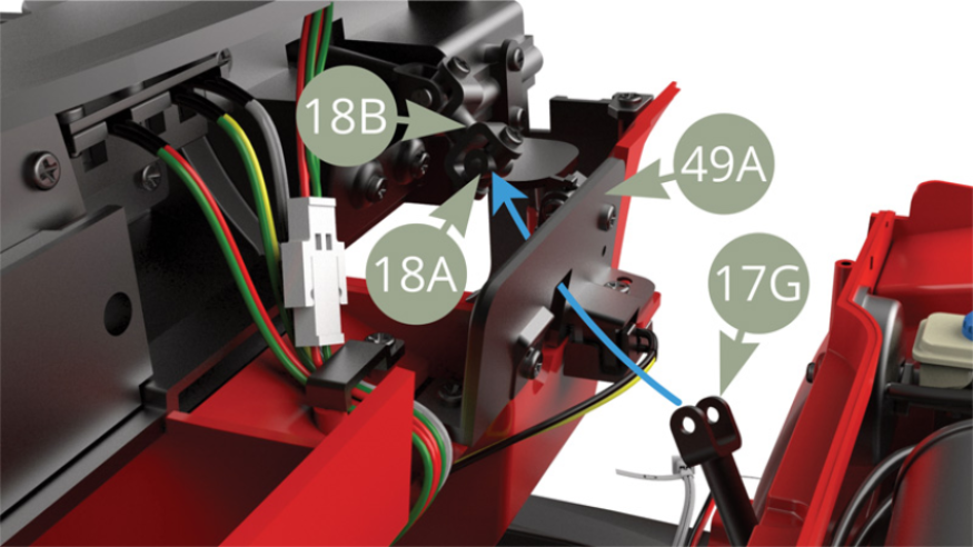 Putting Saloon on top of Chassis , lead 17G Shaft through square opening in 49A Pedals’ panel , and before engaging the shaft fork with 18A Joint link , check the forward alignment of Front wheels ( blue arrow on illustration below ) and vertical alignment of 2D Steering wheel ( green arrow ).