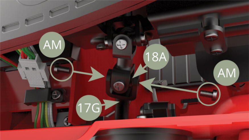 Después de la alineación descrita anteriormente, finalmente conecte 17G (Eje intermediario) con 18A (Cruceta) y asegure con dos tornillos AM de la izquierda y la derecha.