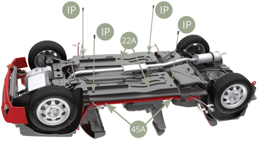 Fit 45A Saloon floor to 22A Chassis panel and fix with four IP screws.