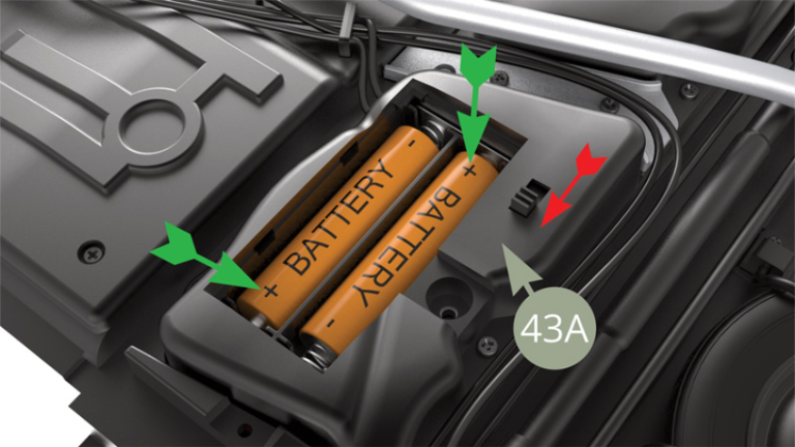 Introduzca dos pilas de tamaño AAA en el 43F (compartimento de las pilas) del depósito de combustible del lado derecho, observando las polaridades "+" y "-" (flechas verdes). Coloque el interruptor del compartimento de las pilas en la posición ON (flecha roja). Vuelva a cerrar el compartimento de las pilas.