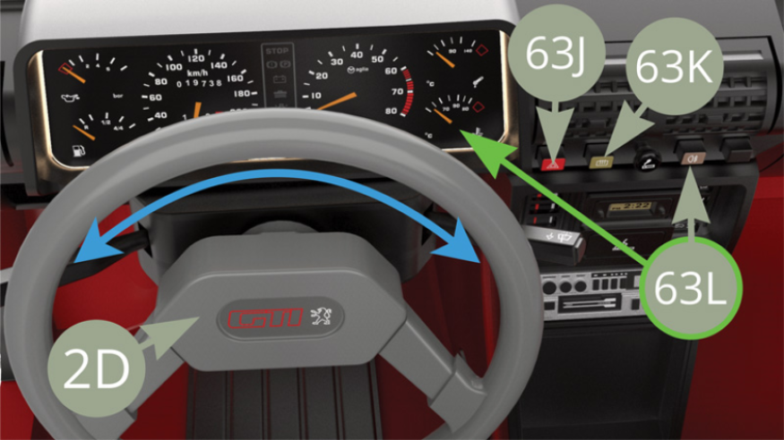 Turn the 2D Steering wheel ( blue arrow ) to see front wheels response . Press 63L Rear fog lamp knob to observe Instrument panel back light . Press 63K Rear screen heater knob to hear the Engine sound . Press 63J Hazard warning knob to hear Horn sound.