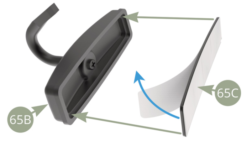 Peel backing paper off 65C Mirror ( blue arrow ) and fit it with its self adhesive back side to 65B Rear-view mirror housing.