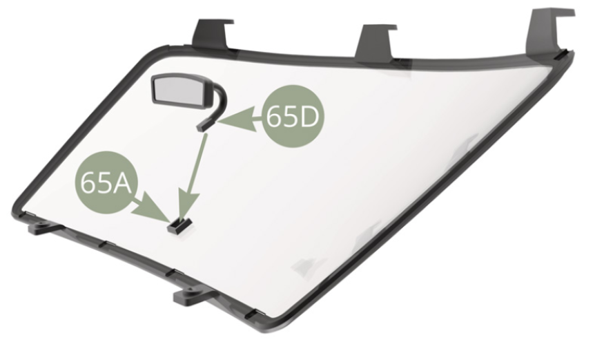 Fit 65D Rear-view mirror arm by its sticky end area to the black niche on 65A Windscreen inner side.