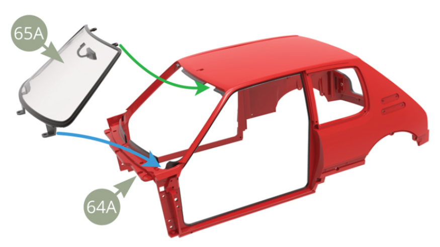 Positionner le pare-brise 65A sur la carrosserie 64A en plaçant d’abord les deux languettes supérieures (flèche verte) dans le cadre, puis les trois languettes inférieures après un mouvement de bascule vers le bas (flèche bleue).