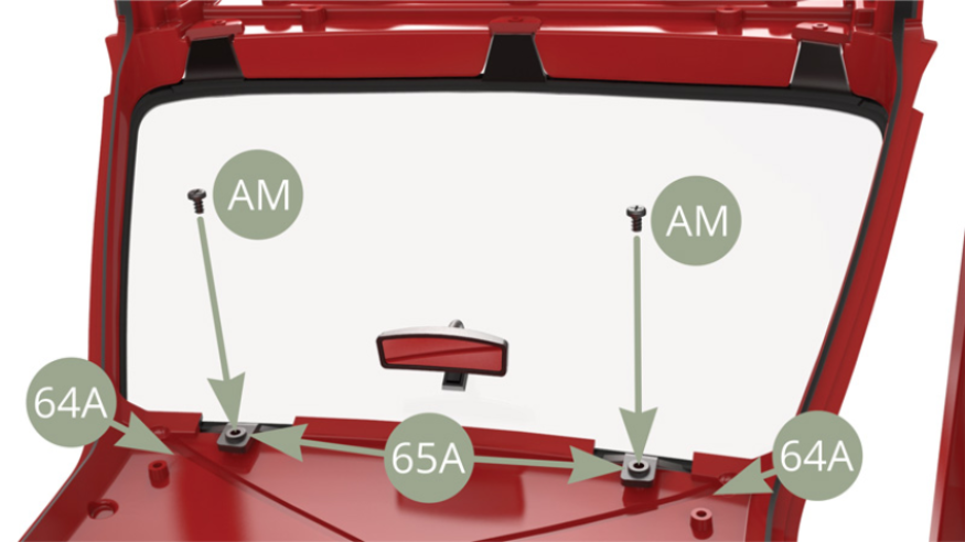 Fixer les deux languettes supérieures du pare-brise 65A sur le plafond à l’intérieur de la carrosserie 64A avec deux vis AM.