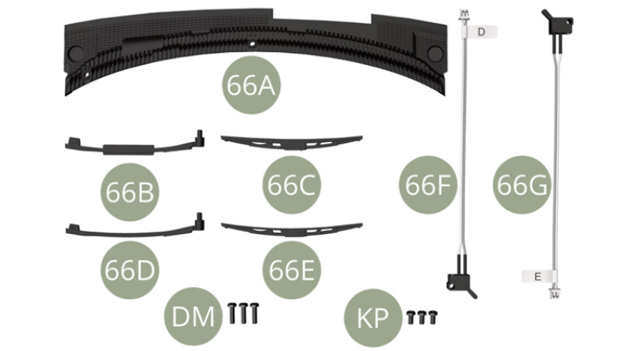 66A Air intake grille66B Left Wiper arm ( marked L )66C Left Wiper ( marked L )66D Right Wiper arm ( marked R )66E Right wiper ( marked R )66F Saloon light switch cable D66G Saloon light switch cable EDM M 2,0 x 7 mm (x 3)KP M 2,0 x 4 mm (x 3)