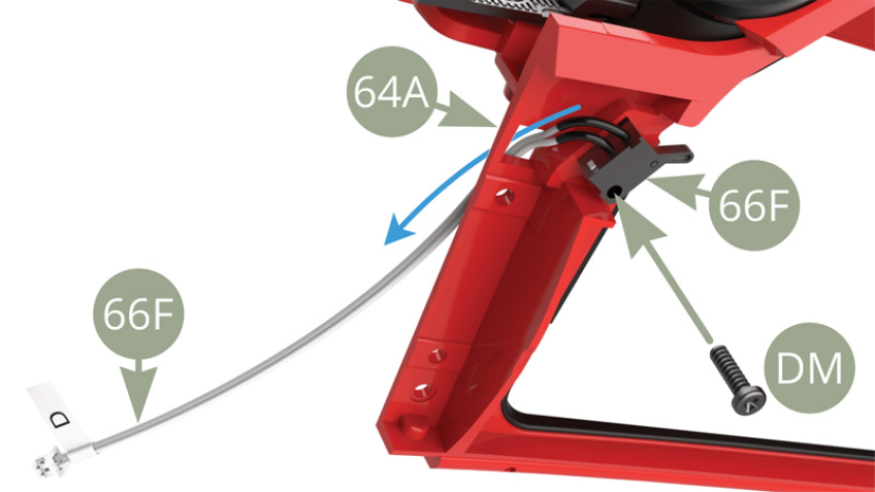 Fit 66F Saloon light switch cable D through square opening on the left side of 64A Body frame ( blue arrow ) and fix the switch with DM screw.