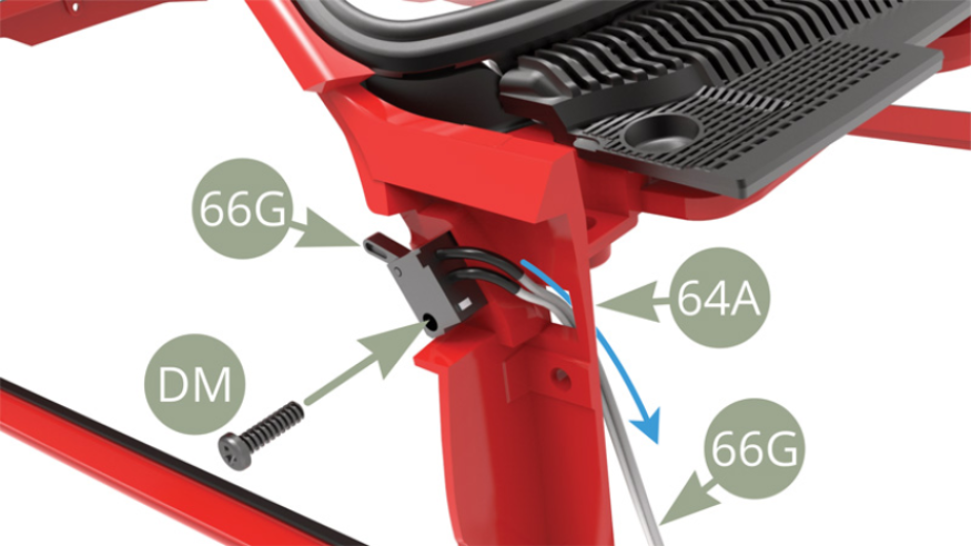 Fit 66G Saloon light switch cable E through square opening on the right side of 64A Body frame ( blue arrow ) and fix the switch with DM screw.