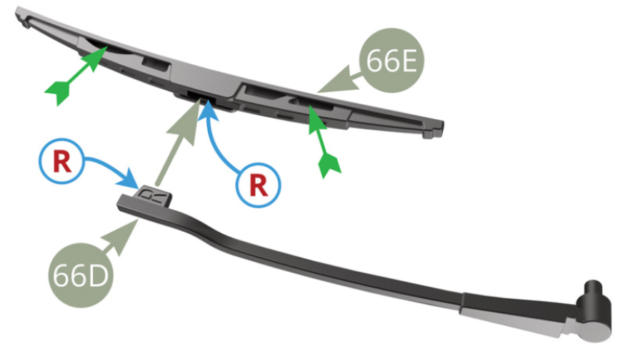 Fit 66D Right Wiper arm ( note marking R ) to 66E Right Wiper ( note marking R inside connection slot ).