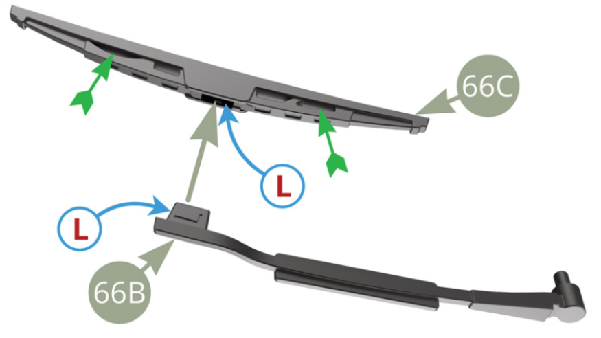 Fit 66B Left Wiper arm ( note marking L ) to 66C Left Wiper ( note marking THIS SHOULD BE L inside connection slot ).