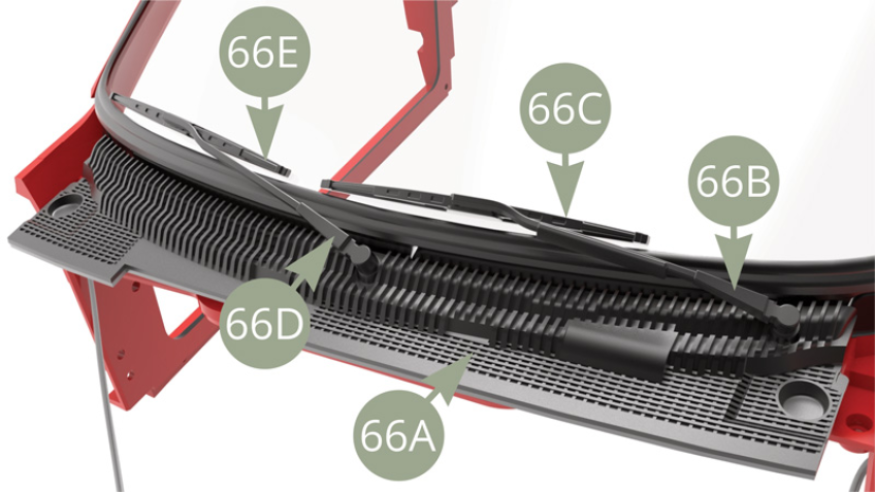 Essuie-glace droit 66D+66E et essuie-glace gauche 66B+66C installés sur la grille d’aération 66A.