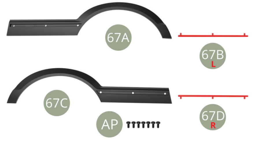 67A Extension d’aile arrière gauche67B Baguette gauche67C Extension d’aile arrière droite67D Baguette droiteAP Vis M 1,7 x 4 mm (x 7)