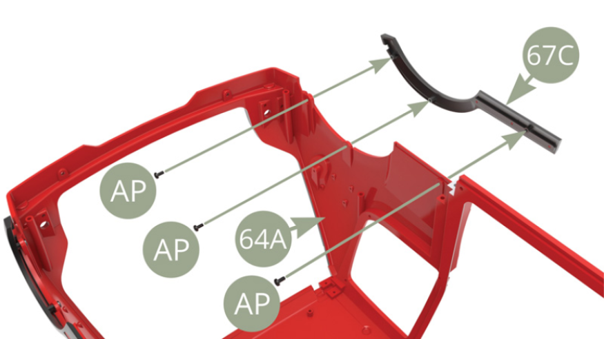 Coloque el 67C (Cubierta de arco de la rueda trasera derecha) en el 64A (Marco de la carrocería) y fíjelo con tres tornillos AP.