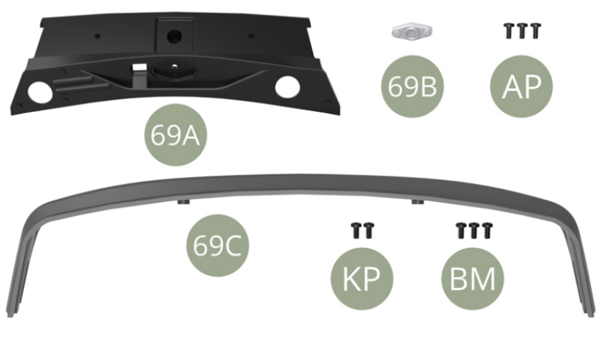 69A Top front panel69B Bonnet lock69C Front bumper ( with corrected color )AP M 1,7 x 3 mm (x 3)KP M 2,0 x 4 mm (x 2)BM M 2,0 x 4 mm (x 3)