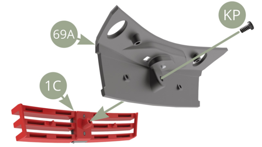 Montieren Sie 1C (Kühlergrill ) an 69A (Obere Frontplatte) und befestigen Sie es mit einer KP-Schraube.