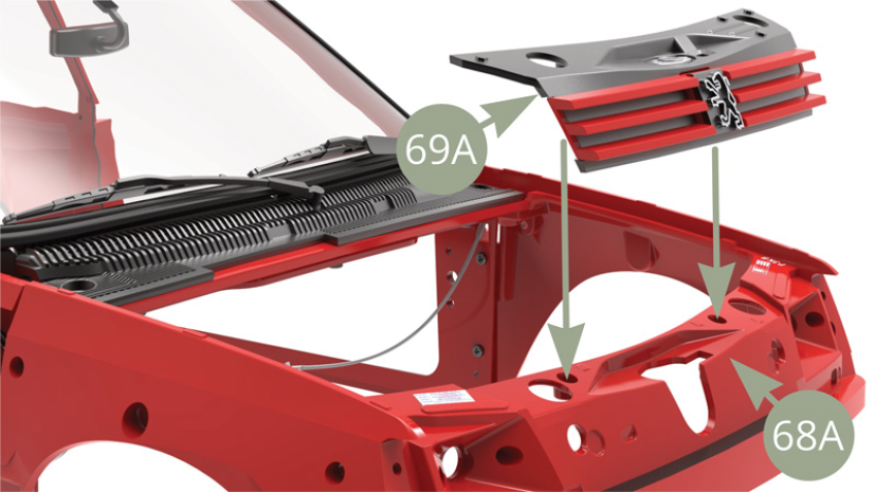 Fit 69A Top front panel to 68A Front subframe and fix with two BM screws (  lower illustrations )