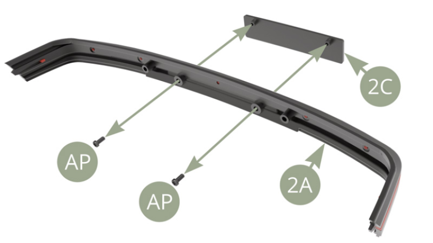 Entfernen Sie 2C (Kennzeichenschild  vorne) von 2A (Frontstoßstange), indem Sie zwei AP-Schrauben entfernen.