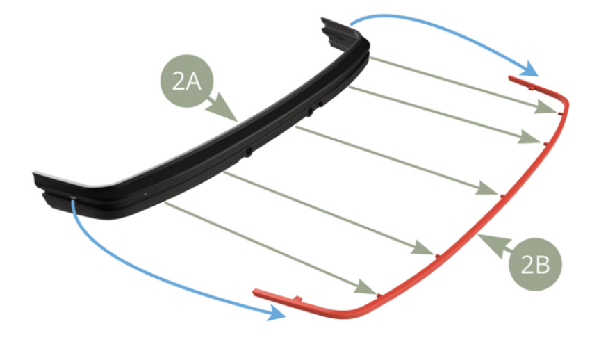 Entfernen Sie 2B (Frontstoßstangenverkleidung) von 2A (Frontstoßstange), indem Sie zuerst die Seiten von der Innenseite des Stoßfängers abziehen (blaue Pfeile).