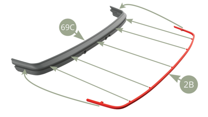 Montieren Sie 2B (Frontstoßstangenverkleidung) an die neu gelieferte 69C (Frontstoßstange) - mit der richtigen dunkelgrauen Farbe.