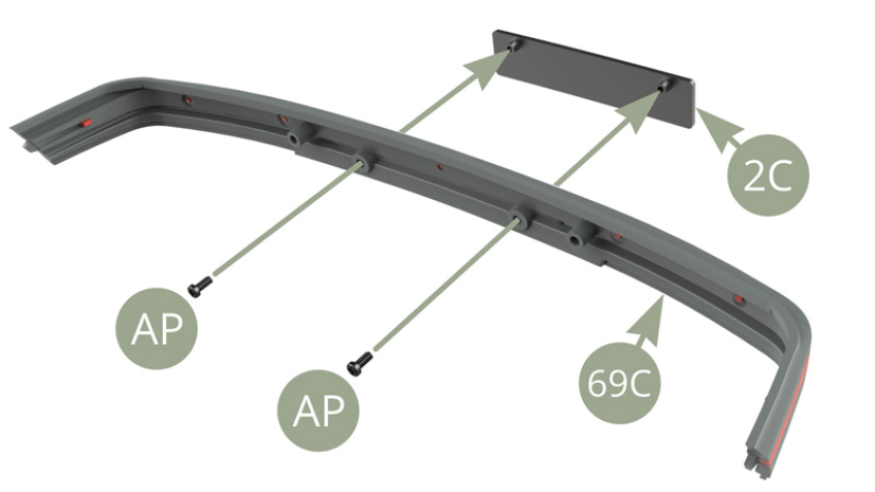 Fit 2C Front license plate to newly replaced 69C Front bumper and fix with two AP screws.