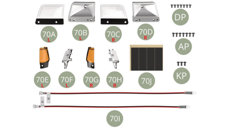 70A Left headlight lens70B Left headlight housing70C Right headlight lens70D Right headlight housing70E Left turn light lens70F Left turn light housing70G Right turn light lens70H Right turn light housing70I Headlight cable K ( x2 )70J Tape ( x4 )DP M 1,7 x 3 mm (x 7)AP M 1,7 x 4 mm (x 7)KP M 2,0 x 4 mm (x 3)