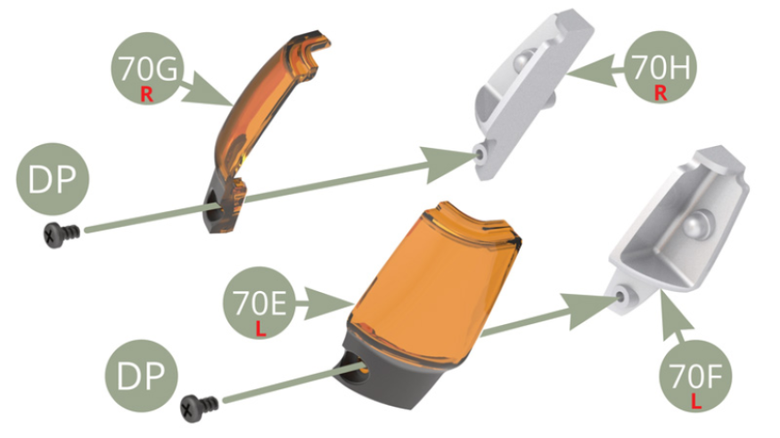 Positionner la lentille de clignotant droit 70G sur le boîtier droit 70H et la fixer avec une vis DP.Positionner la lentille de clignotant gauche 70E sur le boîtier gauche 70F et la fixer avec une vis DP.