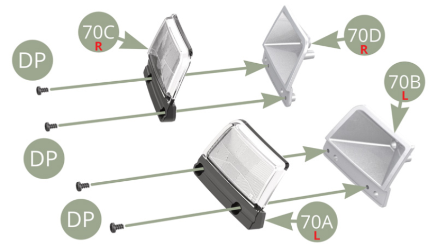 Positionner la lentille de phare droit 70C sur le boîtier droit 70D et la fixer avec deux vis DP.Positionner la lentille de phare gauche 70A sur le boîtier gauche 70B et la fixer avec deux vis DP.