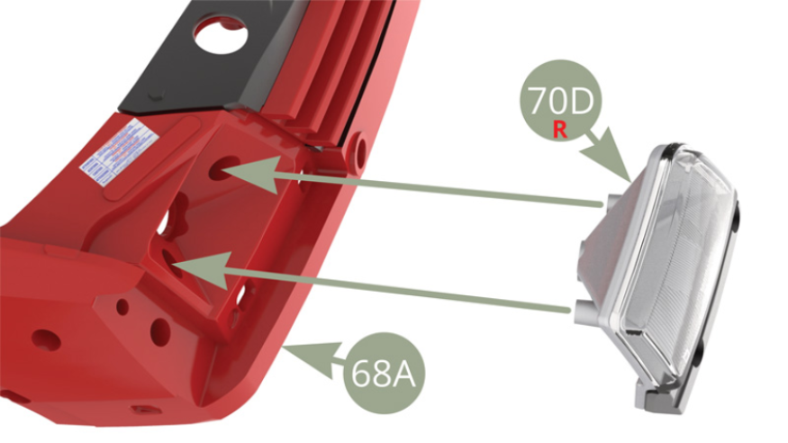 Positionner le boîtier droit 70D sur l’avant du châssis 68A et le fixer avec deux vis AP (illustrations ci-dessous).