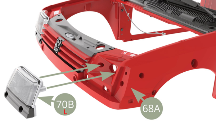 Fit 70B Left headlight housing to 68A Front subframe and fix with two AP screws ( lower illustrations ).