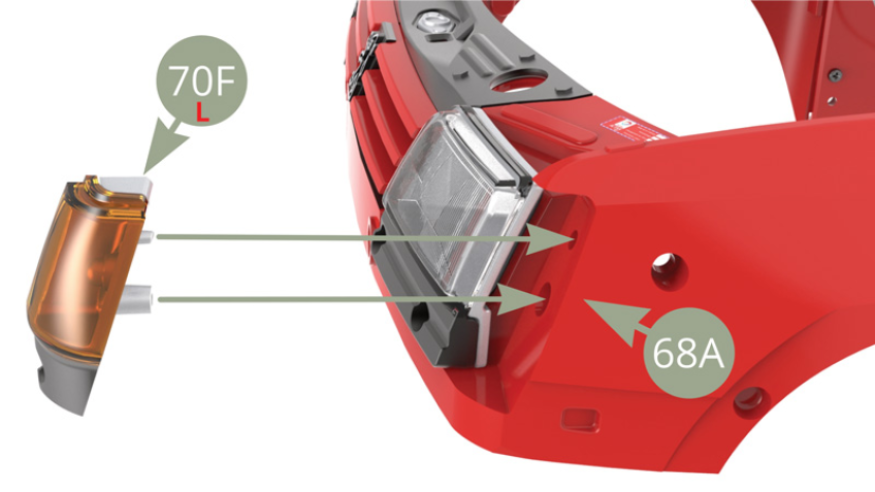 Fit 70F Left turn light housing to 68A Front subframe and fix with AP screw ( upper and lower illustrations ).