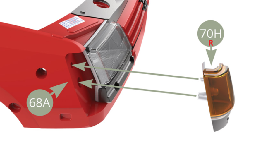 Fit 70H Right turn light housing to 68A Front subframe and fix with AP screw ( upper and lower illustrations ).