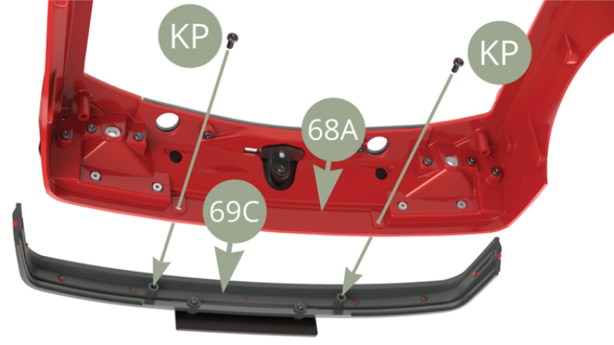 Fit 69C Front bumper to 68A Front subframe and fix with two KP screws (  lower illustrations ).