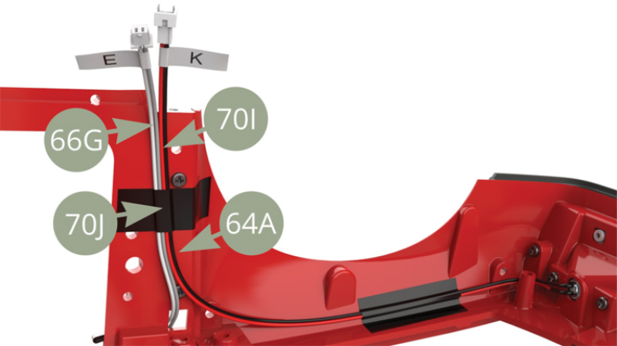 Fix 70I Headlight cable K and 66G Saloon light cable E to right inner wall of 64A Body frame with 70J Tape.