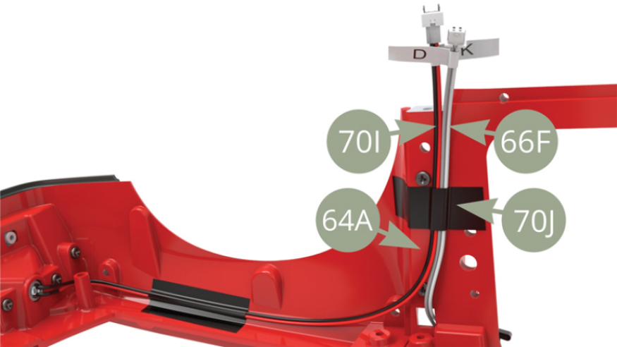Fix 70I Headlight cable K and 66F Saloon light cable D to left inner wall of 64A Body frame with 70J Tape.
