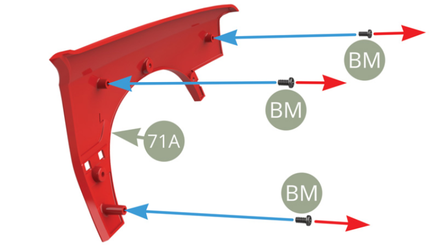 To facilitate further assembly cut the threads by taking three BM screws and screwing them in ( blue arrows ) 71A Front left wing , and then unscrewing completely ( red arrows ).