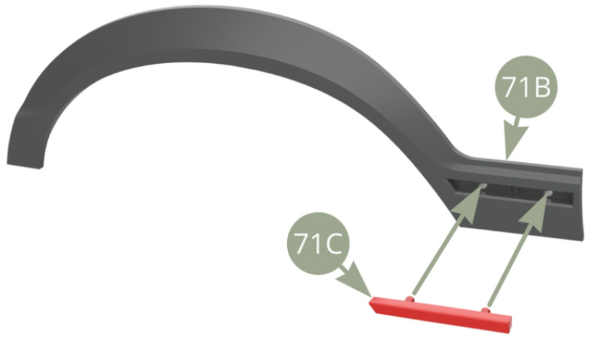 Montieren Sie 71C (Formteil) - beachten Sie die vordere abgeschrägte Kante - an 71B (Bogenabdeckung vorne links).