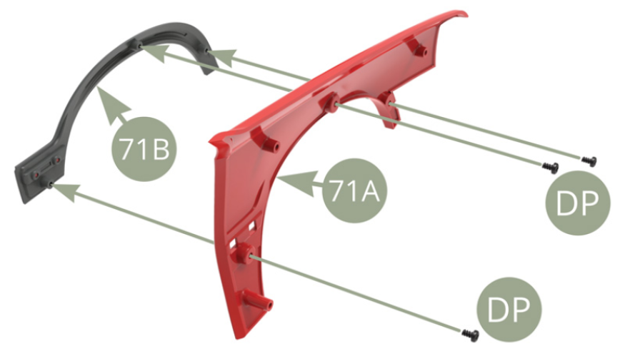 Fit 71B Front left arc cover to 71A Front left wing and fix with three DP screws.