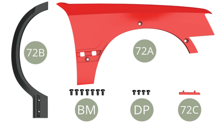 72A Aile avant droite72B Extension d’aile avant droite72C BaguetteDP Vis M 1,7 x 3 mm (x 4)BM Vis M 2,0 x 4 mm (x 7)