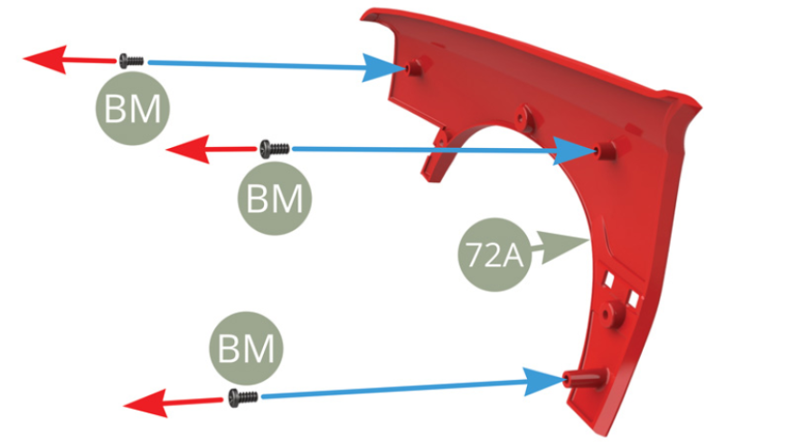 To facilitate further assembly cut the threads by taking three BM screws and screwing them in ( blue arrows ) 72A Front right wing , and then unscrewing completely ( red arrows ).