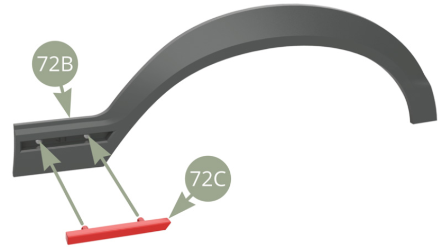 Montieren Sie 72C (Formteil) - beachten Sie die vordere abgeschrägte Kante - an 72B (vordere rechte Bogenabdeckung).